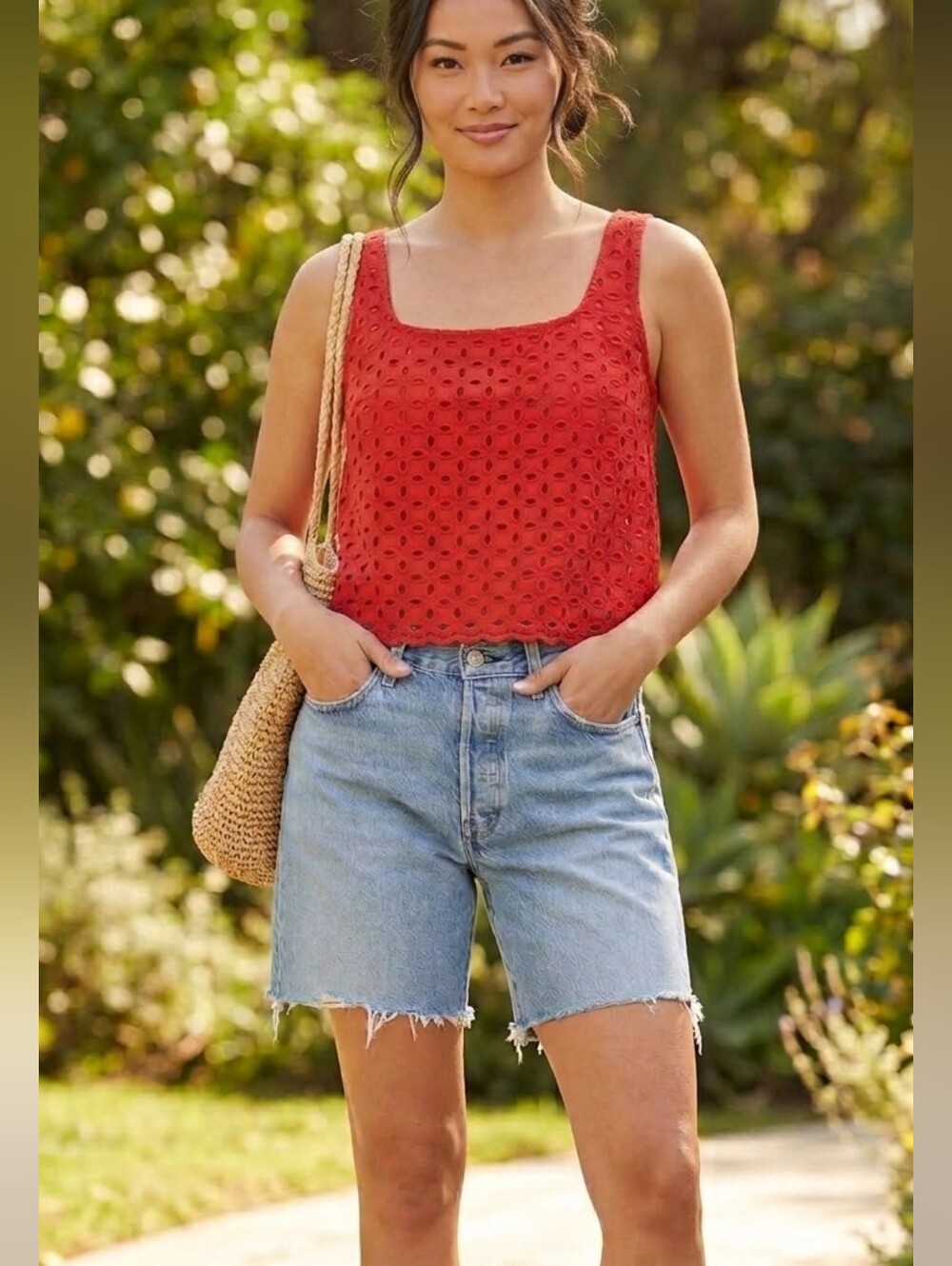 United Colors Of Benetton Red Eyelet Crop Top